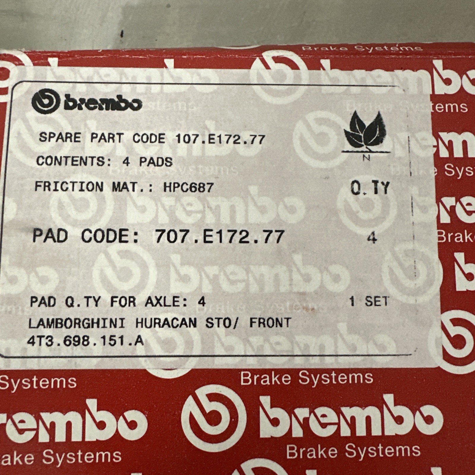 Lamborghini STO Front Brake Pad Kit 4T3698151A Brembo New
