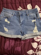 Womens Mid Rise Blue Denim Cuffed Shortie Distressed Waist 33 Size L. 3 Inseam