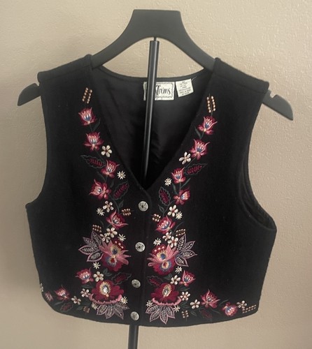 Vtg TanTrums Embroidered Wool Floral Vest Boho Cottagecore Womens M Black 90s