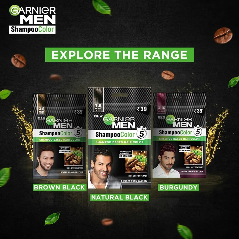 (Pack of 5 ) Garnier Men Shampoo Hair Colour 20ml Each Black | Brown | Burgundy