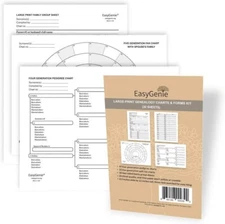 Large Print Genealogy Charts & Forms Kit: 30 Sheets 10 Pedigree/10 Fan/10 Family