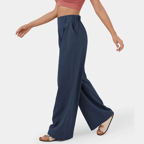 Pantaloni donna vita alta tasca laterale gamba larga tinta unita casual - Foto 6 di 28