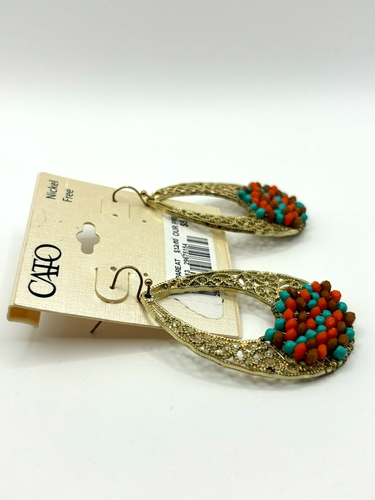 Cato Filigree Teardrop Orange Blue Brown Bead Wrapped Dangle Hoop Earrings NWT - Picture 14 of 18