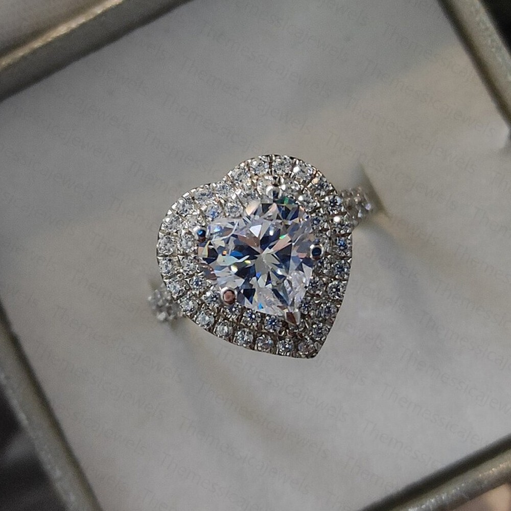 TCW Heart Moissanite Double Halo Engagement Ring In 14k White - Main Image