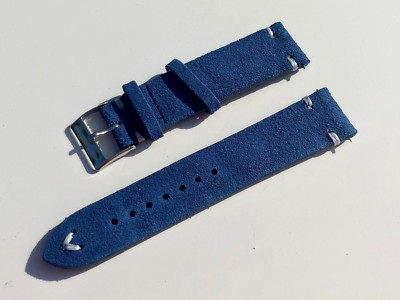 02 Straps Blue Vintage Suede Leather watch band with White Stitch strap 21mm 