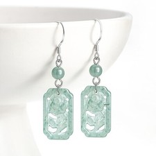 Solid 925 Silver Natural Grade A Jade Jadeite Square Rose Flower Dangle Earrings