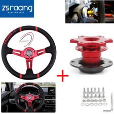 Red 14" Deep Dish Drifting Steering Wheel & Quick Release Adapter Racing Car