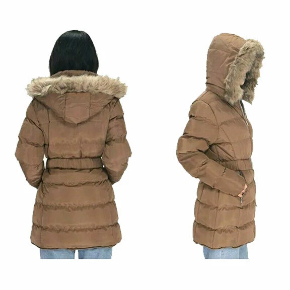 Puffer Shepra Hooded Coat w/ Belt Woman's Petite Small Mocha | eBay