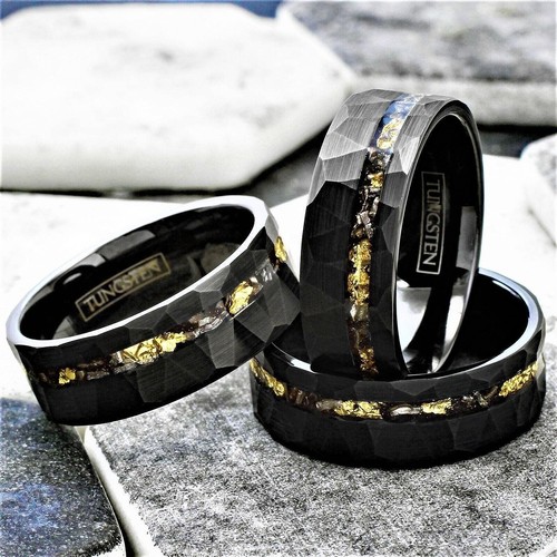 Men's Black Meteorite Wedding Band with 24k Gold Flakes - Unique Wedding Rings f - 第 3/14 張圖片
