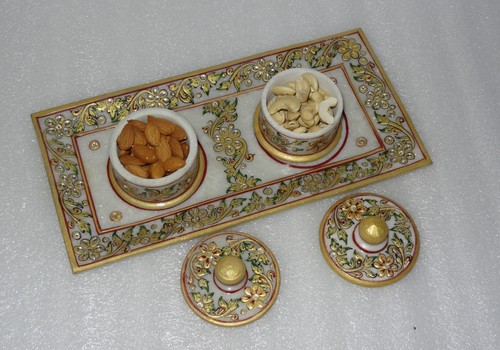 Marble Bowl Tray Set Dry Fruit Jaipur Raga Handmade Kitchen Home Decor Art Gifts - Picture 5 of 6