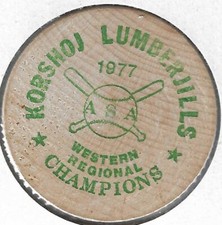 1977, Korshj Lumberjills, Fastpitch Softball, Fremont, Nebraska, Wooden Nickel