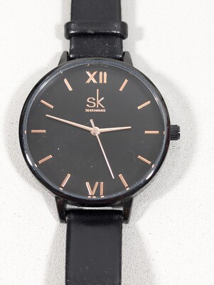 Shengke SK Womans Black Round Dial Skinny Faux Leather Band Watch
