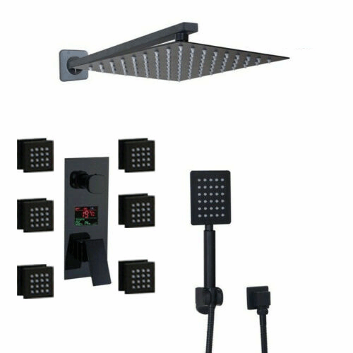 LED Black Massage Shower Faucet Set Square Shower Head 3-Way Digital Mixer Valve - Picture 2 of 18