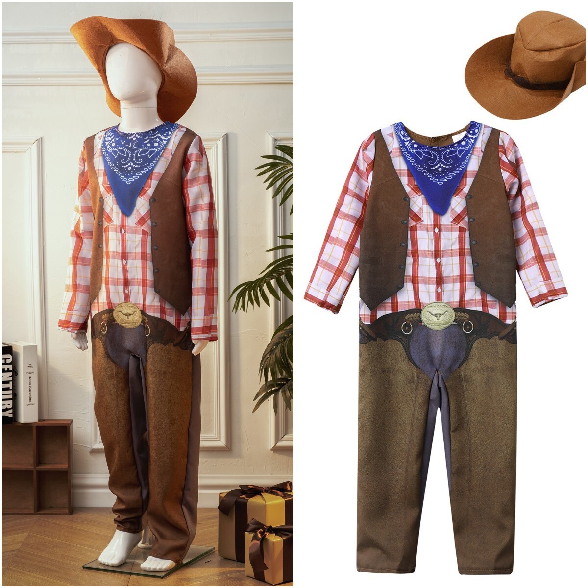 Kids Bodysuit And Hat Plaid Bandana Print Cowboy Costumes