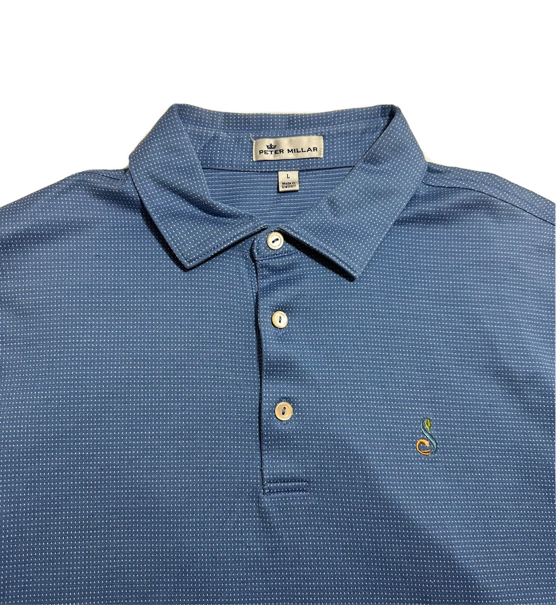 Peter Millar Golf Polo Shirt Men s L Blue Dotted Pattern Stretch