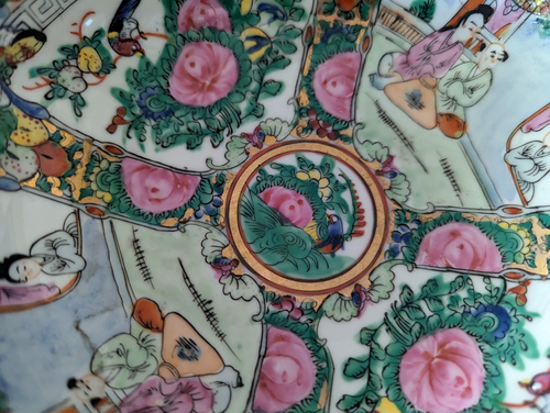 Vintage GRANDE ciotola geisha rosa Famille dipinta a mano 8 1/4" bellissima - Foto 4 di 11