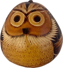 Carved Owl Gourd Folk Art Hand Painted Dried Mate Bird Ornament. Cottage Core.