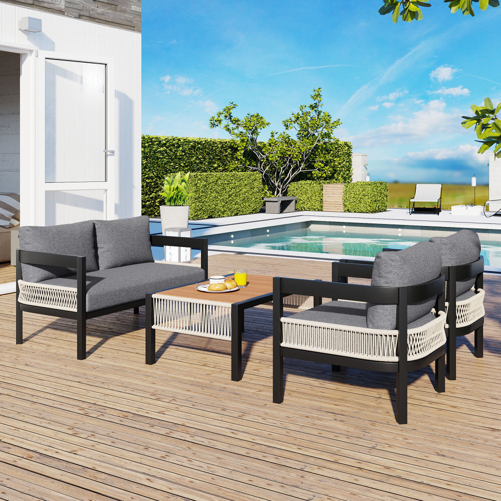 Multi-person Outdoor Iron Sofa Set with A Table, Rattan Decoration, Waterproof