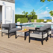 Multi-person Outdoor Iron Sofa Set with A Table, Rattan Decoration, Waterproof