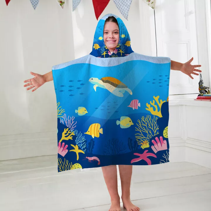 Kids Hooded Towel Poncho Underwater Sea Creatures Childrens Bathrobe Swim Sun | eBay