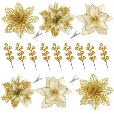 30 Pcs 3 Styles Christmas Glitter Poinsettia Flowers Artificial Berry Picks C...