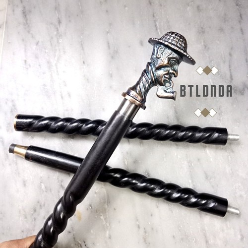 Hand Carved Spiral Wooden Cane Antique Sherlock Holmes Head Handle Walking Stick - Picture 5 of 6