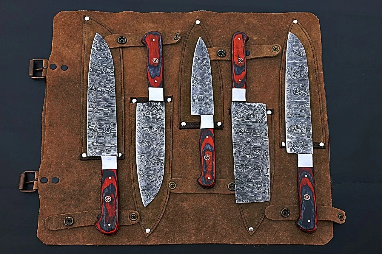 Handmade Damascus Steel Chef set Of 5pcs With Leather Sheath Kitchen Knife Set