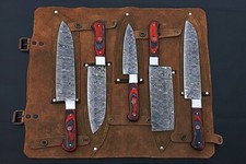 Handmade Damascus Steel Chef set Of 5pcs With Leather Sheath Kitchen Knife Set