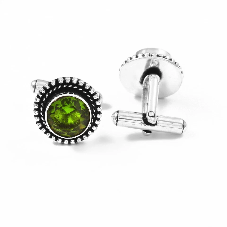 925 Sterling Silver Rose Cut Gree Peridot Gemstone Handmade Jewelry Cufflinks - Image 3 of 3