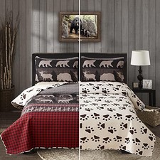 King Size Quilt Set - Lodge Rustic King Quilt 108" 96" Red Black Plaid Bear