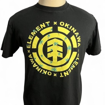 Rare 2000s Element Okinawa Japan Skateboard Tee - Black & Yellow Palm Tree Graph