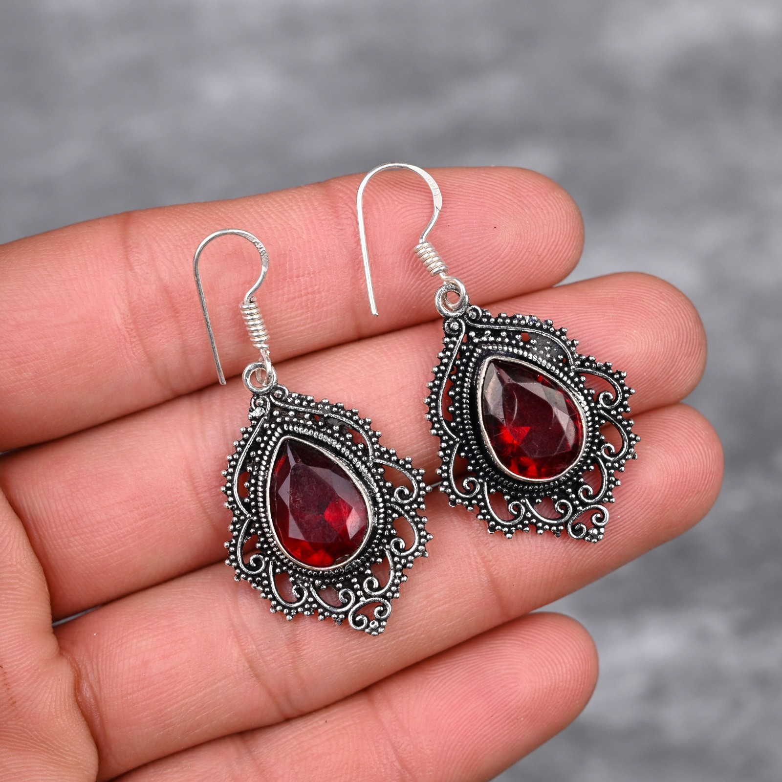 Red Garnet Earrings 925 Sterling Silver Handmade Dangle Faceted Gemstone Jewelry