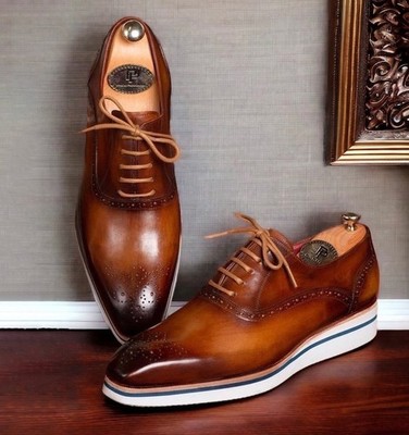 Paul Parkman Men's Smart Casual Brown Burnished Leather Oxford Shoes 184SNK-BRW