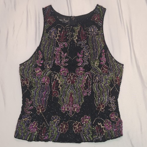 Laurence Kazar Paris NY Floral Designer Ladies Sleeveless Beaded Silk Blouse M - Picture 1 of 10