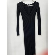 ZARA Black Ribbed V Neck Long Sleeve Midi Dress Side Slit S