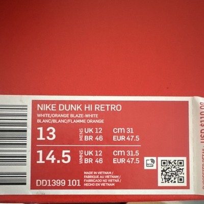 Nike Dunk Hi Retro DD1399-101 High Top Sneaker White Orange Blaze Syracuse 2021