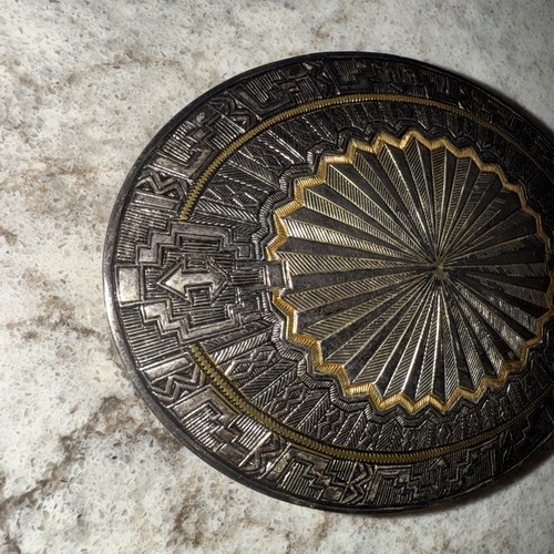 Crumrine Western Belt Buckle Aztec Silver Plate On Bronze Southwest 4 In Wear - Imagen 3 de 13