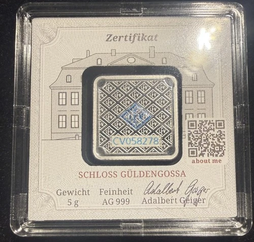 Geiger Edelmetalle 5 Gram Silver Bar Sealed Assay .999 Fine Silver