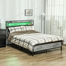 LED Full Size Bed Frame with Headboard Charging Station, Cement Gray