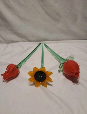 3 - Vintage Murano Style Hand Blown Glass Flowers Long Stem Rose Tulip Sunflower