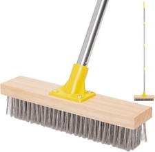 Wire Broom Scrubbing Brush with Long Handle, Stiff Metal Bristle Deck Scrub Bru