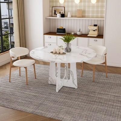 47.24'' Round Dining Table for 4 - Farmhouse MDF Table with Marble White Finish,