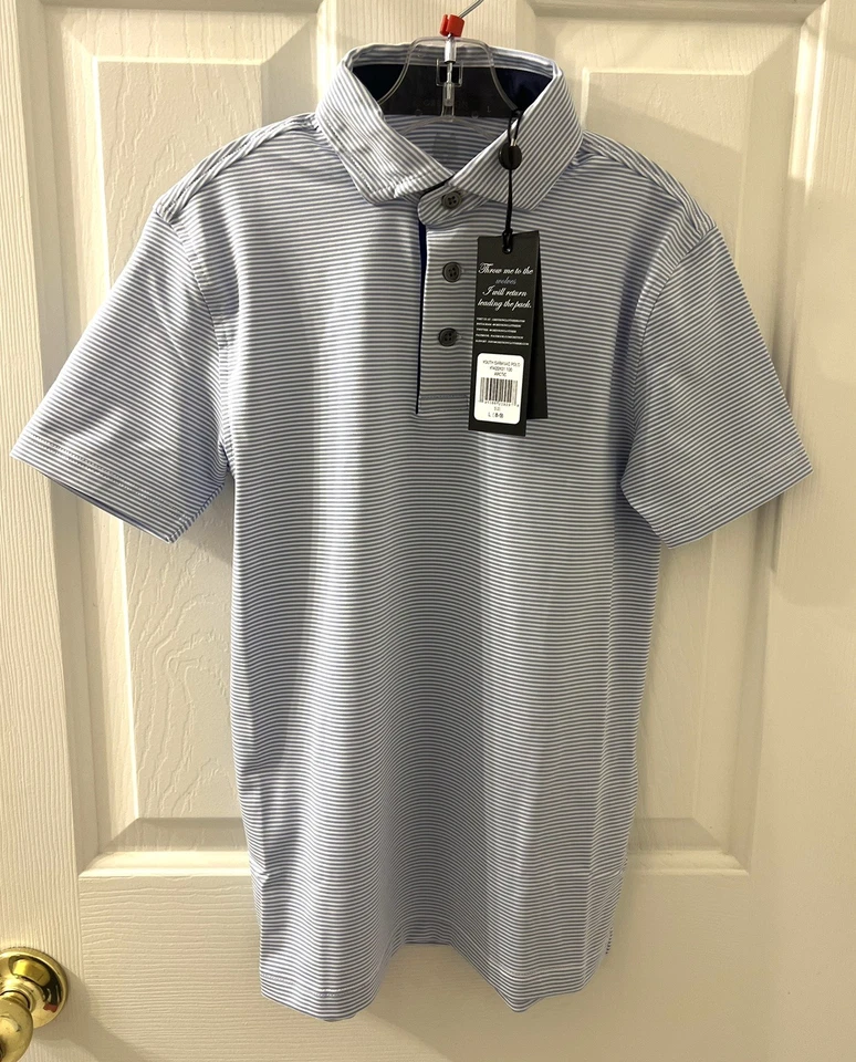 Greyson Youth Boys Blue White Striped Saranac Golf Polo Shirt Size L 8-9 New W/t - Image 2 of 4
