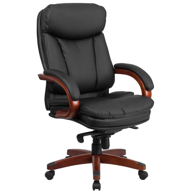 High Back Black Leather Executive Office Chair with Mahogany Wood