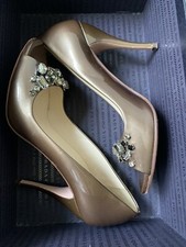 PRADA Calzature Donna TaffetasPatent Leather High Heel JEWELED Peep-Toe Shoes 38