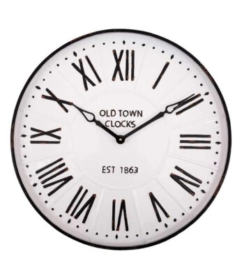 Große 60 cm emaillierte Metall Wanduhr Altstadt Café Thema weiß & schwarz