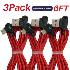 3X Type C Right Angle Braided 6Ft USB C Fast Charger Cable For iPhone 16 15 Pro