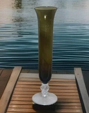 Delicate Olive Green Etched Glass Bud Vase Wheat & Bubbles