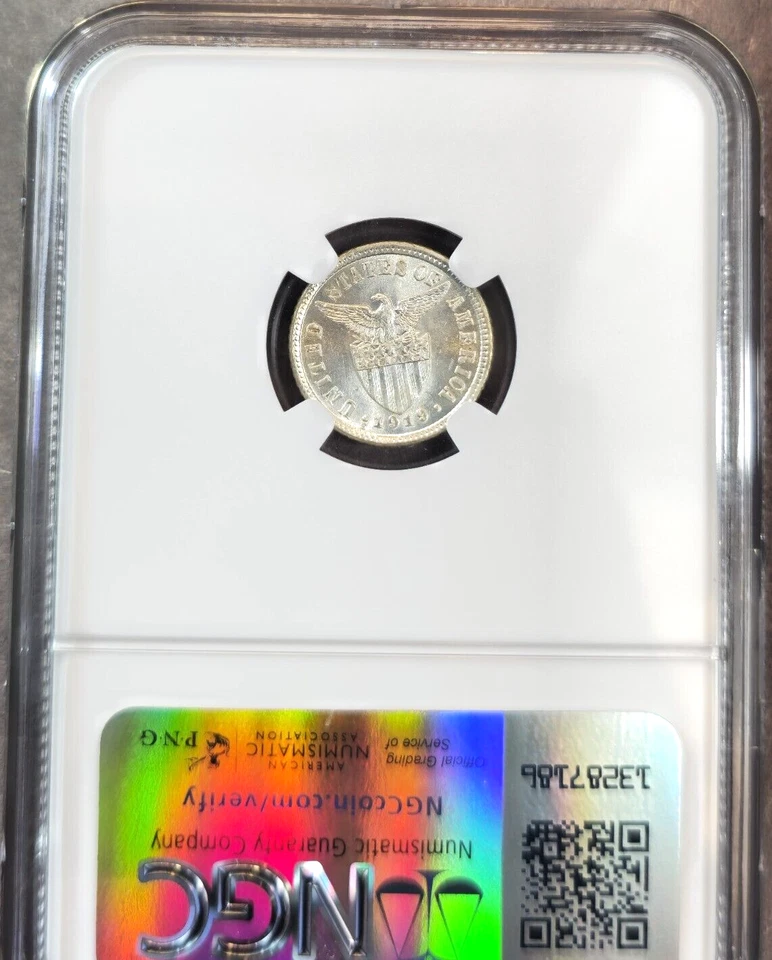 1919 PHILIPPINES SILVER 10 CENTAVOS NGC MS 63 RARE MINT STATE GREAT LUSTER - Image 2 of 3