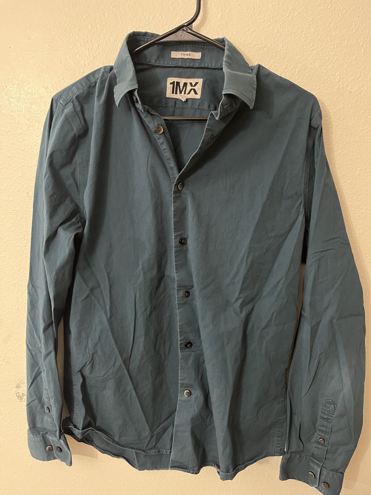 Express 1MX Fitted Solid Button Shirt Green Teal … - image 1